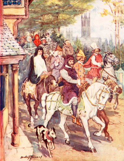 Chaucer jede do Canterbury s poutníky (barva litho) od C. Dudley Tennant