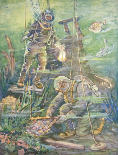 Hlubinní potápěči našli Sunken Treasure, cca 1890 (barevné lito) od C. Dudley Tennant