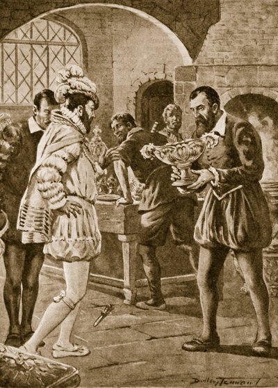 František I. na návštěvě Benvenuta Celliniho v jeho dílně (litho) od C. Dudley Tennant