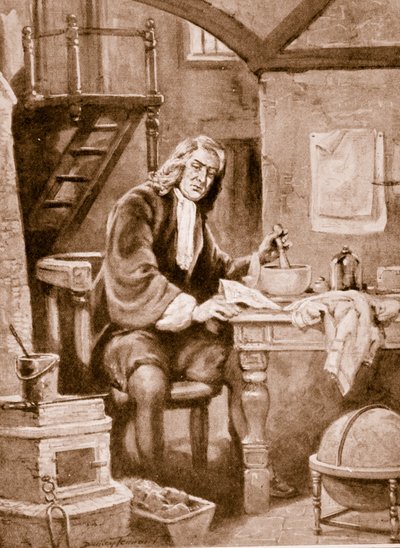 Sir Isaac Newton ve svém malém pokoji od C. Dudley Tennant