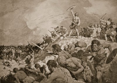 Bitva u Mons Badonicus, cca 500 n. l., ilustrace z „Dějiny národa“ (litho) od C. Dudley Tennant