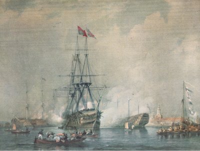 HMS Victory střílející královský pozdrav v přístavu Portsmouth, z British Adventure vydané Collinsem, 1947 od C. J. M. Whichello