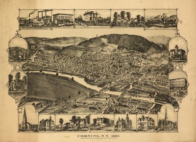 Corning, N.Y., 1882 - křižovatka železnic New York, Lake Erie and Western a Syracuse, Geneva  Corning R.R. LOC 88690691 od C. J. Philadelphia Publishing House; Corbin