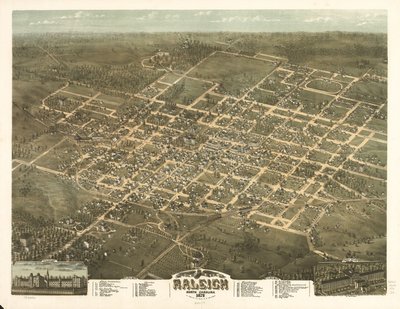 Pohled z ptačí perspektivy na město Raleigh, Severní Karolína 1872. od C. N. Drie