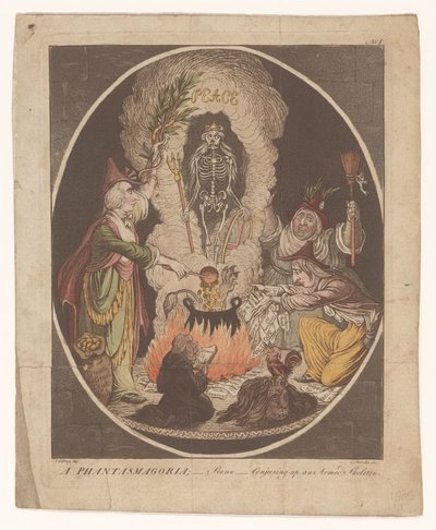 Karikatura o míru v Amiens, 1802 Phantasmagorie; - Scéna - Vykouzlení ozbrojené kostry (název na předmětu) od C. Starcke
