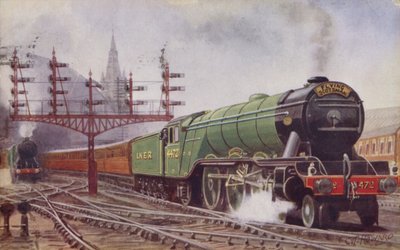 Londýn a vlak North Eastern Railway Flying Scotsman opouštějící nádraží Kings Cross v Londýně od C. T. Howard