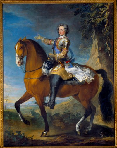 Jezdecký portrét Ludvíka XV. (1710-1774), francouzského krále, ve věku 13 let, v roce 1723. Obraz Jean Baptiste Van Loo (1684 - 1745) a Charles Parrocel (1688-1752) od C. and Van Loo J. B. Parrocel