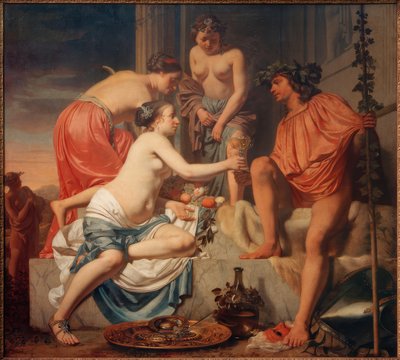 Trůnící Bacchus nymfy podávají Bacchus víno a pá. od Cesar Boetius van Everdingen