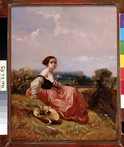 Mladá dívka v klobouku před obrazem Sainte Mountain Victoire od Camille Roqueplan (1803-1855) Rozm. 18x23 cm Povinná zmínka: Založení sbírky pozdravů z Provence, Marseille od Camille Joseph Etienne Roqueplan