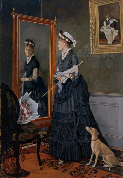 Elegante Frau, die sich im Spiegel betrachtet von Camille-Leopold Cabaillot-Lasalle