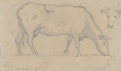 Pasoucí se kráva, vpravo nahoře opět kravská hlava od Camille Corot