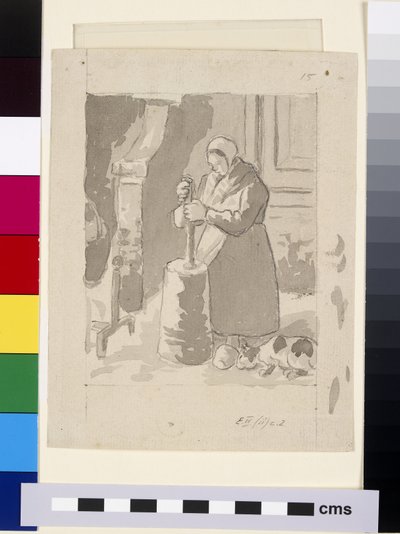 Kompoziční studie rolnice vyrábějící máslo (šedá barva & čínská bílá přes černou křídu na papíře) od Camille Jacob Pissarro