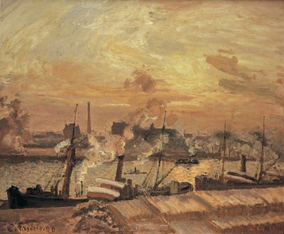 Déchargement de bois, quai de la Bourse, coucher de soleil, 1898. od Camille Jacob Pissarro
