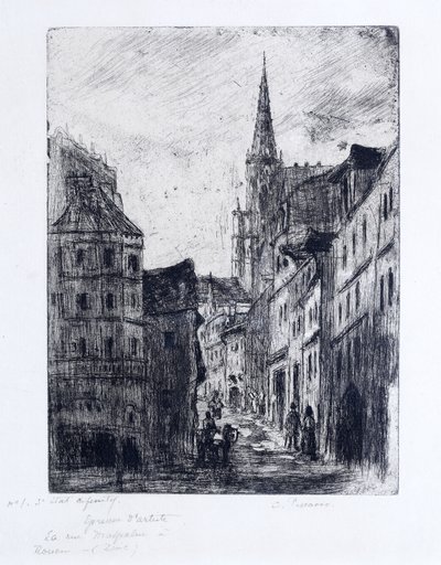 Rue Malpalue v Rouenu, asi 1885 od Camille Jacob Pissarro