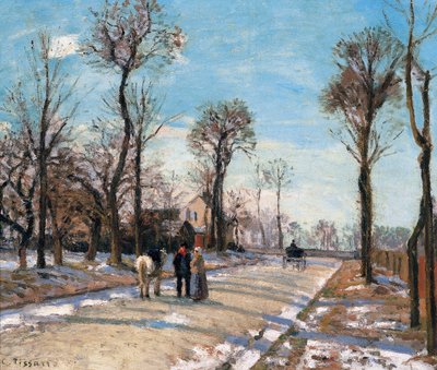 Cesta do Versailles, Louveciennes, Zimní slunce a sníh, c. 1870 od Camille Jacob Pissarro