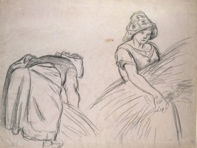 Study of Two Female Harvesters, 1882 (černá křída na růžovém papíře s bílou) od Camille Jacob Pissarro