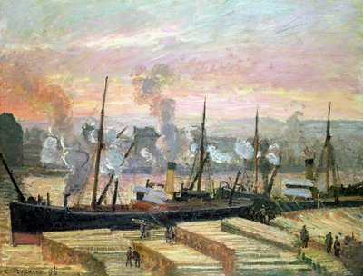 Západ slunce v Rouenu, lodě vykládají dřevo, 1896 od Camille Jacob Pissarro