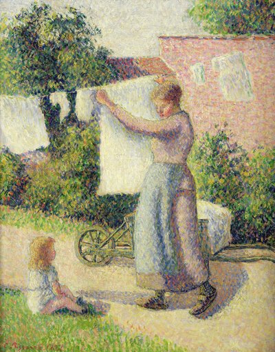 Žena věší prádlo, 1887 od Camille Jacob Pissarro