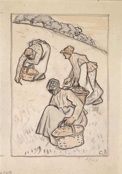 Ženy plející trávu (pero a inkoust s wc přes dřevěné uhlí na papíře) od Camille Jacob Pissarro