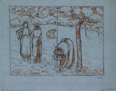 Kompoziční studie čtyř rolnic pracujících v sadu „Jaro“, c1894 od Camille Pissarro