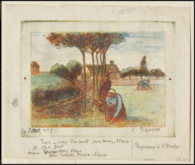 Selské ženy Weeding the Grass, kolem roku 1894 (lept tištěný modrou, červenou, žlutou a černou barvou na krémově položený papír) od Camille Jacob Pissarro