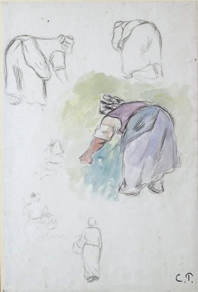 List studií: čtyři studie ohýbání selky a dvě studie ženy držící basu od Camille Pissarro