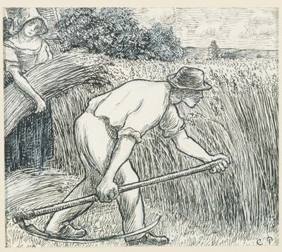 The Harvest, cca 1895 (pero a inkoust s olovnatým bílým kvašem na papíře) od Camille Jacob Pissarro