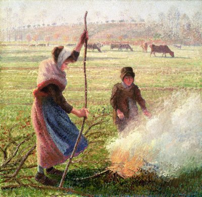 White Frost, žena lámající dřevo od Camille Jacob Pissarro