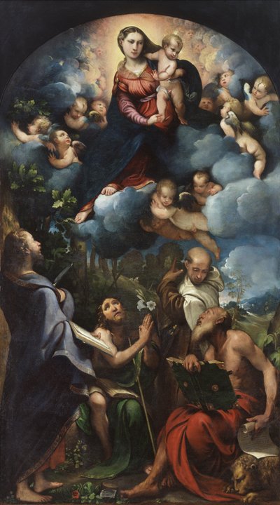 Madona s dítětem ve slávě se svatým Bartolomějem, svatým Janem Křtitelem, svatým Albertem a svatým Jeronýmem od Camillo Boccaccino