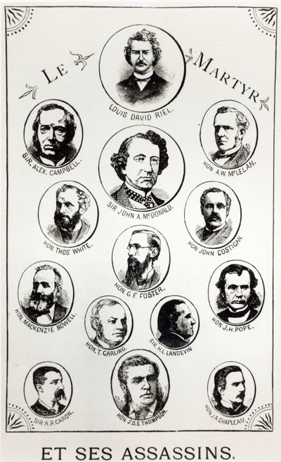 Louis Riel (1844-85) a jeho vrazi, ilustrace z Le Gibet de Regina, vydáno 1886 od Canadian School
