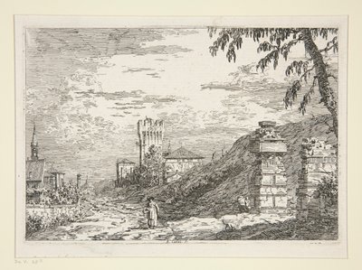 Krajina s věží a dvěma zničenými sloupy, ze série Vedute (Pohledy) od Canaletto (Giovanni Antonio Canal)