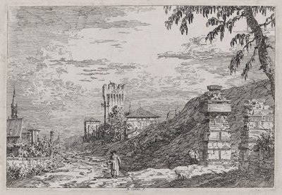 Krajina s věží a dvěma zničenými sloupy, ze série Vedute (Pohledy) od Canaletto (Giovanni Antonio Canal)