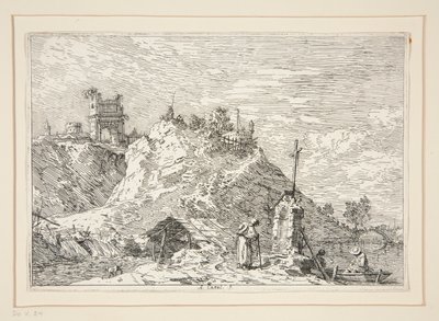 Krajina s poutníkem při modlitbě, ze série Vedute (Pohledy) od Canaletto (Giovanni Antonio Canal)