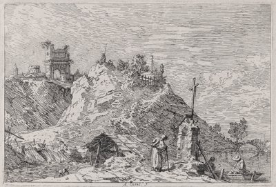 Krajina s poutníkem při modlitbě, ze série Vedute (Pohledy) od Canaletto (Giovanni Antonio Canal)