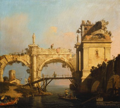 Capriccio zřícené renesanční pasáže a pavilonu u vodní cesty, přes kterou vede dřevěná lávka, orientál v exoticky zdobené lodi v popředí, od Giovanni Antonio Canal