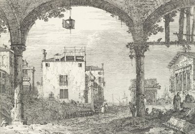 Tříobloukový portikus s otevřenou lucernou zavěšenou uprostřed, vítězným obloukem a rui..., 1735-46. od Canaletto