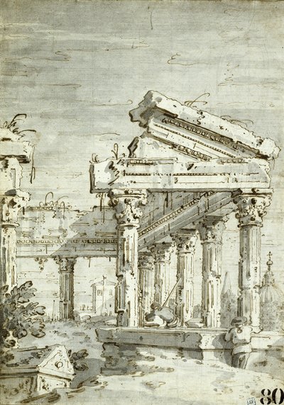 Capriccio: Zničený klasický chrám od Canaletto