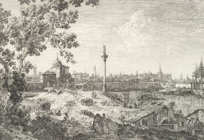 Imaginární pohled na Padovu se zvonicí a kupolovým kostelem vlevo, sloup překonaný..., 1735-46. od Canaletto