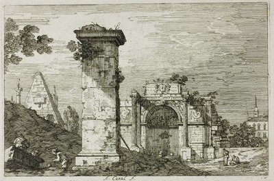 Krajina se zničenými památkami, z Vedute od Canaletto