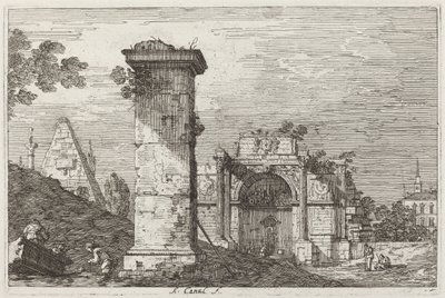 Krajina se zničenými památkami [vpravo] od Canaletto