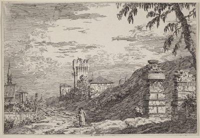 Krajina s věží a dvěma zřícenými sloupy od Canaletto