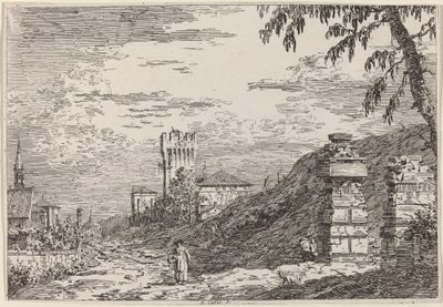 Krajina s věží a dvěma zničenými sloupy, c. 17351746. od Canaletto