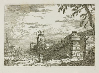 Krajina s věží a dvěma zničenými sloupy, z Vedute od Canaletto