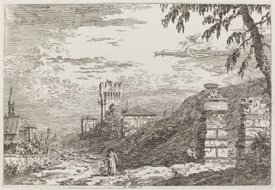 Krajina s věží a dvěma zničenými sloupy [vlevo] od Canaletto