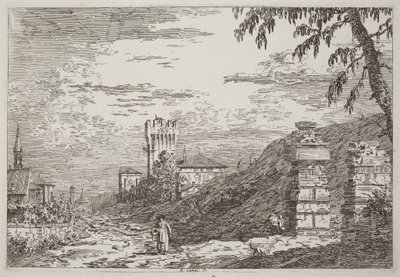 Krajina s věží a dvěma zřícenými sloupy [vlevo] od Canaletto