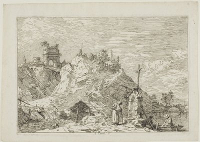 Krajina s poutníkem na modlitbě, z Vedute od Canaletto