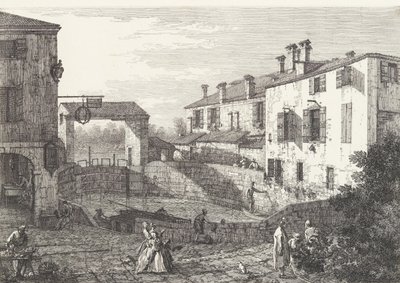Zdymadla v Dolo, oválná pánev s loděmi uprostřed, budovami po obou stranách,..., 1735-46. od Canaletto