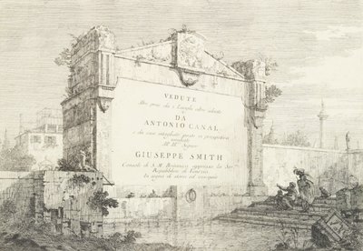 Titulní list s velkou zdí klasické zříceniny, s postavou sedící vpravo v..., 1735-46. od Canaletto