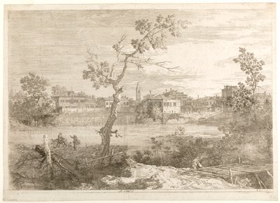 Pohled na město na břehu řeky, ze série „Pohledy“ od Canaletto
