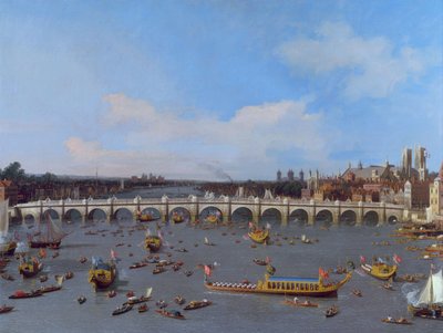 Westminsterský most s průvodem primátora na Temži od Giovanni Antonio Canal
